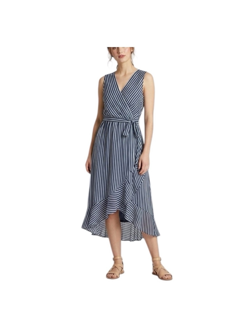 Women’s Coastal Striped Blue and White Ruffle High Low Long Maxi Dr…